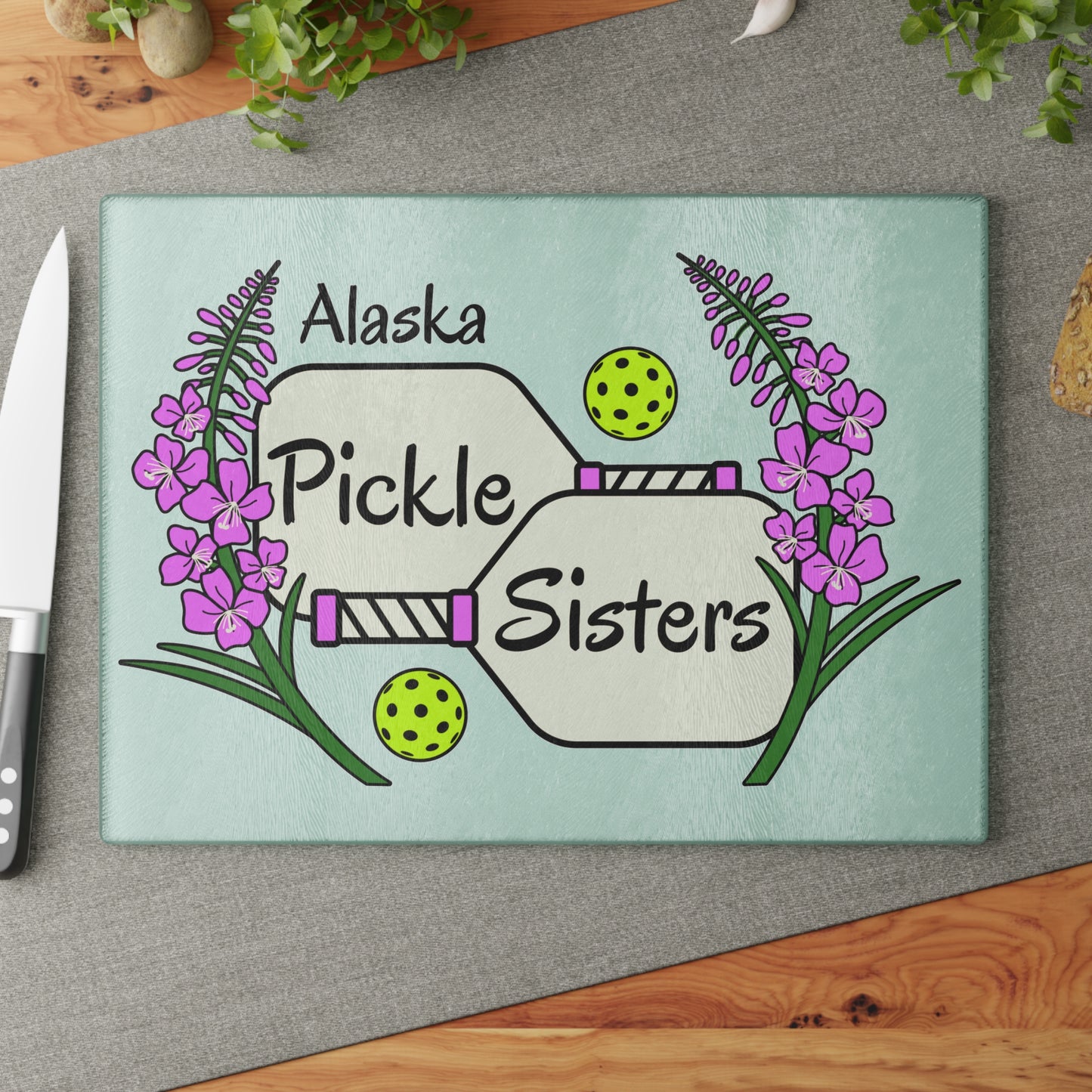 Alaska Pickleball Sisters Glass Cutting Board