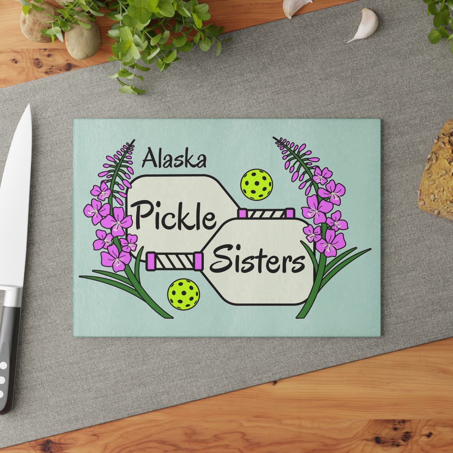 Alaska Pickleball Sisters Glass Cutting Board